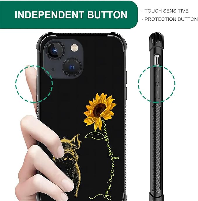 for iPhone 14 Case, Pig Sunflower Yellow Sunshine Pattern Graphic Design Girl Boy Soft Silicone Hard Acrylic Shock Protection for iPhone 14