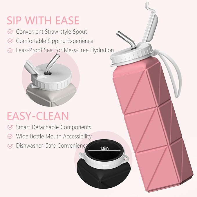 BEAUTAIL Collapsible Water Bottles with Straw 20.6oz, Silicone Foldable Portable Water Bottle, BPA-Free, Leakproof Reusable for Travel Camping Hiking Cycling Yoga Sports, 1 Pack (Pink)
