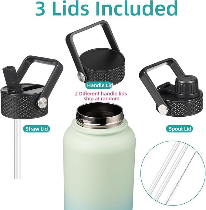 Konokyo 40oz Insulated Water Bottle Stainless Steel Sport Bottles with 3 Lids,Mint