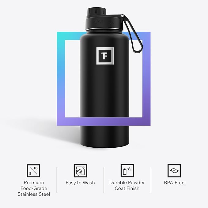 IRON °FLASK Camping & Hiking Hydration Flask with Spout, Wide Mouth Insulated Stainless Steel Sports Water Bottle - Aurora 32 oz - Spout (1 Lid)