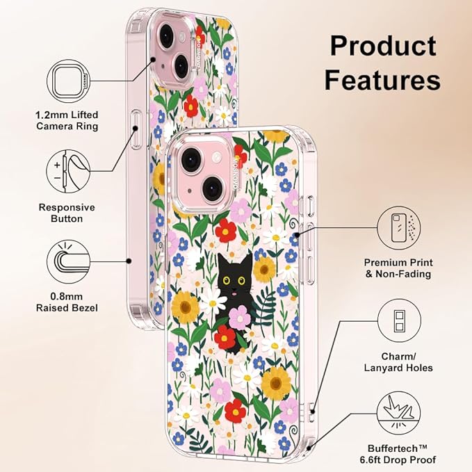MOSNOVO Case for iPhone 15, [Buffertech 6.6ft Military-Grade Drop Protection] [Anti Peel Off Tech] Clear TPU Bumper Phone Case Cover Design - Black Cat in Garden