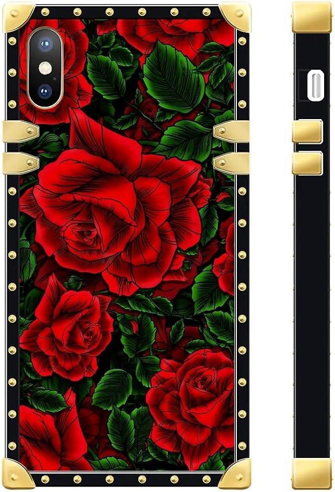 Compatible with iPhone Xs Max Case, Vector Red Rose Green Leaf Luxury Golden Decoration for Girl Women Soft TPU Shockproof Protective Hard PC Back for iPhone Xs Max