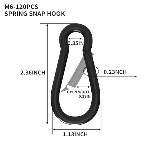120PCS M6 Heavy Duty Carabiner Clip, 2.36Inch Snap Hook Quick Link Small Carabiner Clips,Spring Link Buckle for Fishing Camping Hammock Dog Leashes-260LBS Holding Capacity (Black)