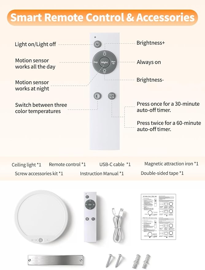 Rechargeable Motion Sensor Ceiling Light with Remote, Magnetic Mount, Cordless, Dimmable 3 Color Temperatures (6500K~3000K), No Wiring LED Light for Closet, Stairs, Hallway, Porch