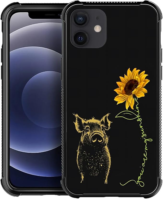 for iPhone 11 Case, Pig Sunflower Yellow Sunshine Pattern Graphic Design Girl Boy Soft Silicone Hard Acrylic Shock Protection for iPhone 11