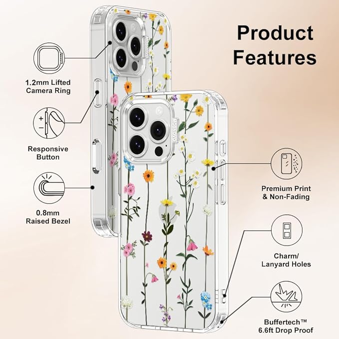 MOSNOVO Case for iPhone 16 Pro Max, [Buffertech 6.6ft Military-Grade Drop Protection] [Anti Peel Off Tech] Clear TPU Bumper Phone Case Cover Design - Wildflowers