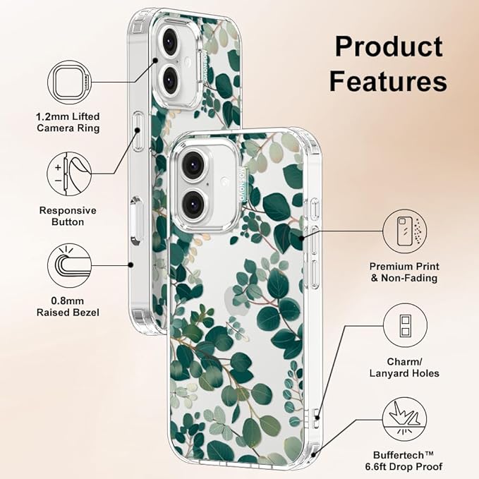 MOSNOVO Case for iPhone 16, [Buffertech 6.6ft Military-Grade Drop Protection] [Anti Peel Off Tech] Clear TPU Bumper Phone Case Cover Design - Eucalyptus
