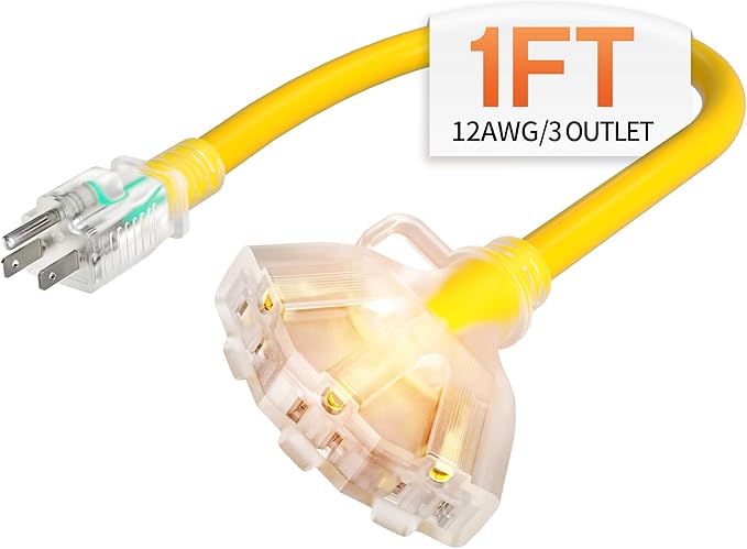 1 ft 12 Gauge Heavy Duty 3 Outlet Extension Cord Splitter with Indicator, Waterproof Outdoor Extension Cord with Multiple Outlets, 15A 1875W for Workshop, ETL Listed, Flexible Yellow SJTW