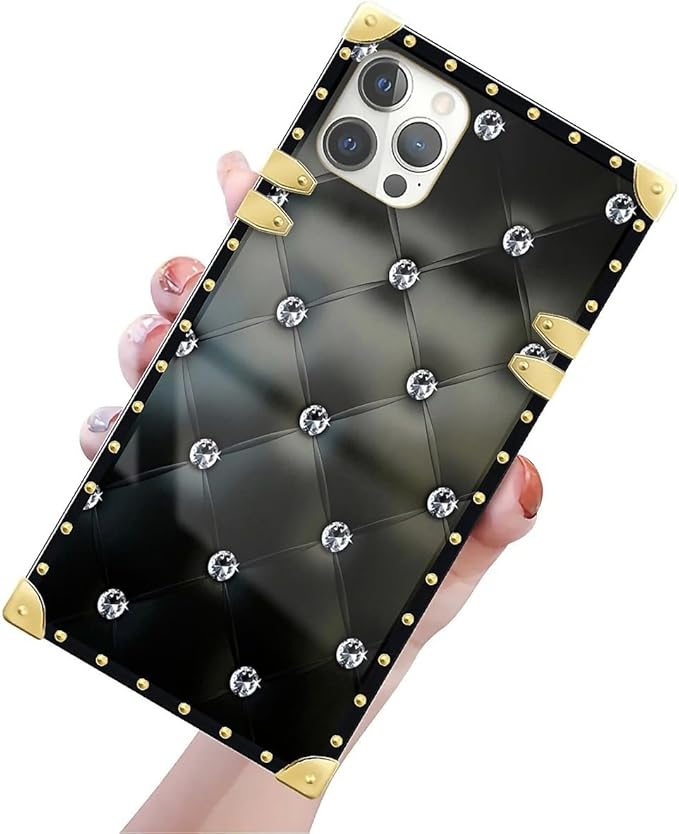 Compatible with iPhone 12/12 Pro Case, Shiny Black Sofa Crystal Luxury Golden Decoration for Girl Women Soft TPU Shockproof Protective Hard PC Back