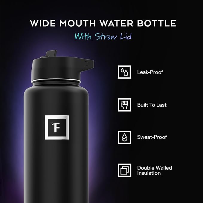 IRON °FLASK Camping & Hiking Hydration Flask with Straw, Wide Mouth Insulated Stainless Steel Sports Water Bottle - Bubble Gum 40 oz - Straw (1 Lid)