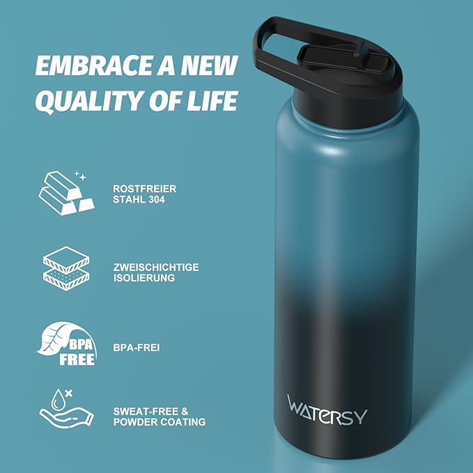 40oz Insulated Water Bottle (Cold for 48 Hrs),BPA Free&Leak Proof,Stainless Steel Water Flask,Water Jug with Straw Spout Lids for Gym,Hiking,Travel,Black Blue