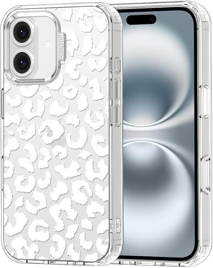 MOSNOVO Case for iPhone 16 Plus, [Buffertech 6.6ft Military-Grade Drop Protection] [Anti Peel Off Tech] Clear TPU Bumper Phone Case Cover Design - White Leopard Print