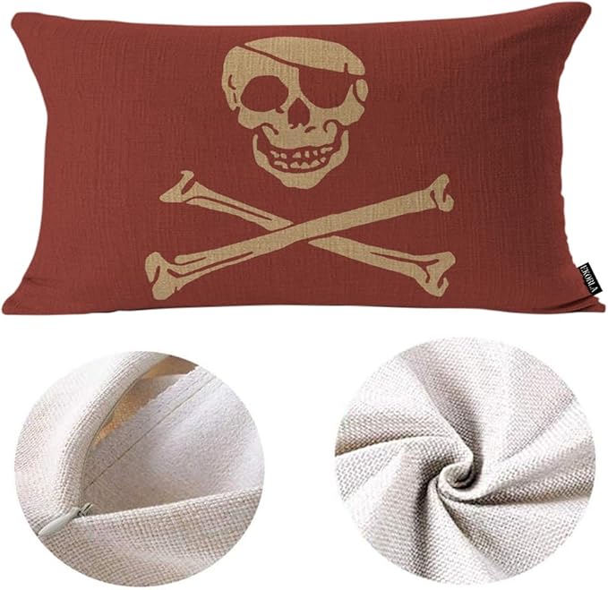 EKOBLA Red Skull Rectangle Pillow Covers One Eyed Creepy Pirate Skeleton Crossbones Retro Smile Rustic Waist Rectangle Throw Pillow Case Cotton Linen for Men Women Sofa Home Decoration 12x20 Inches