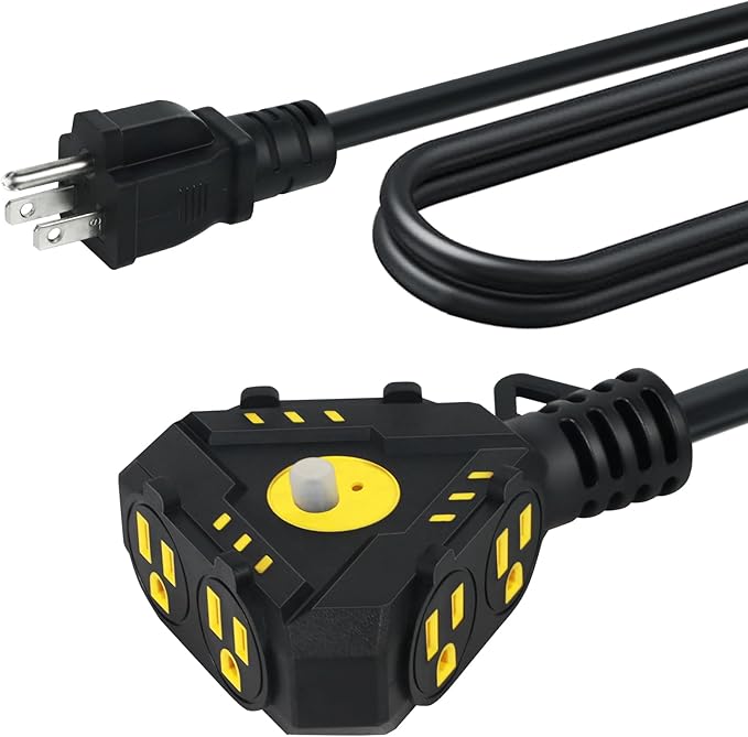 25FT 14 Gauge Outdoor Extension Cord 6-Outlet 14/3 SJTW Heavy Duty Extension Cord with Multiple Outlets Waterproof 3 Prong for Garage Workshop 15A 125V 1875W ETL Listed