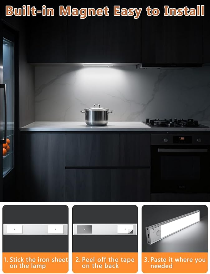 Under Cabinet Rechargeable Lighting: Motion Sensor Dimmable Lights Indoor - Battery Operated Lights - Wireless Activated Closet Light Magnetic Led Light for Kitchen Home Bathroom Counter Shelf