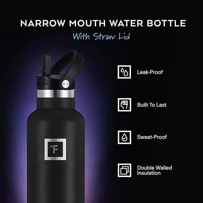 IRON °FLASK Camping & Hiking Hydration Flask with Straw, BPA-Free Insulated Stainless Steel Sports Water Bottle - 24 oz Midnight Black