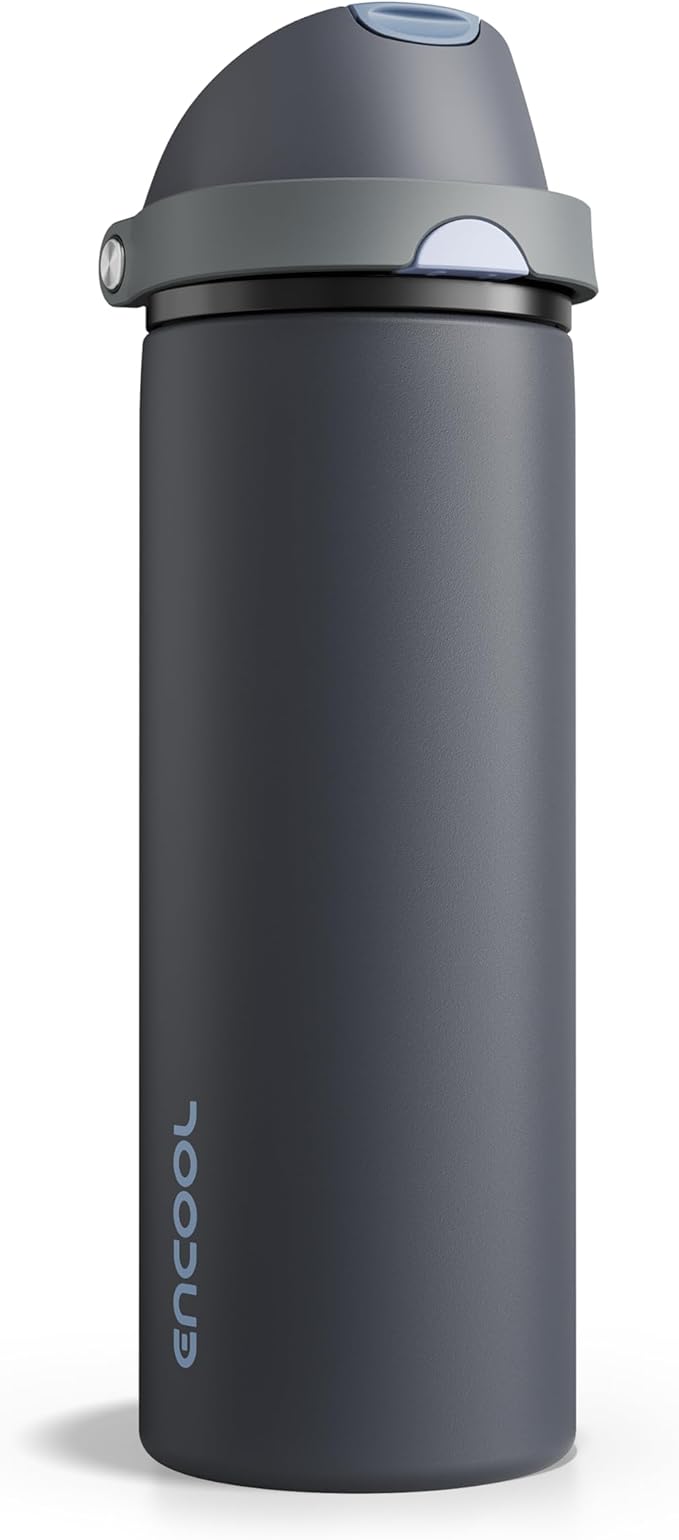 Insulated Water Bottle with Straw - Encool Stainless Steel Water Bottle with Push Button Lid, Leak-Proof & BPA-Free, Keeps Cold for 24 Hours for Sports, Travel, Gym (24 oz, Tuna Grey-Silver)