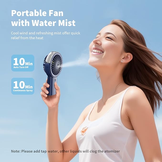 Otlonpe Handheld Misting Fan Portable, Small Personal Hand Held Rechargeable Mist Fan Water Spray, 4000mAh Battery Operated Hand Mister Fans 3-Speed, 4-15 Hrs Runtime for Travel Home Office Outdoor