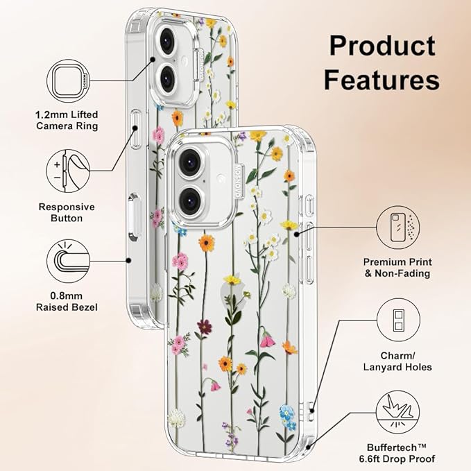 MOSNOVO Case for iPhone 16, [Buffertech 6.6ft Military-Grade Drop Protection] [Anti Peel Off Tech] Clear TPU Bumper Phone Case Cover Design - Wildflowers