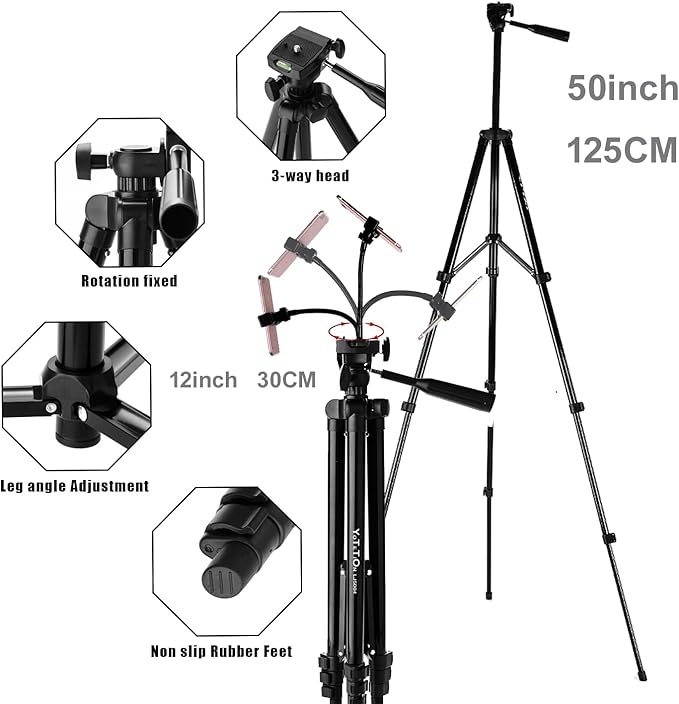 60" Aluminum Phone & Camera Tripod with Gooseneck Stand, Extendable Cell Phone Tripod Stand Compatible with iPhone/Android/Action Camera is Perfect for Live Streaming/Video Recording/Selfies