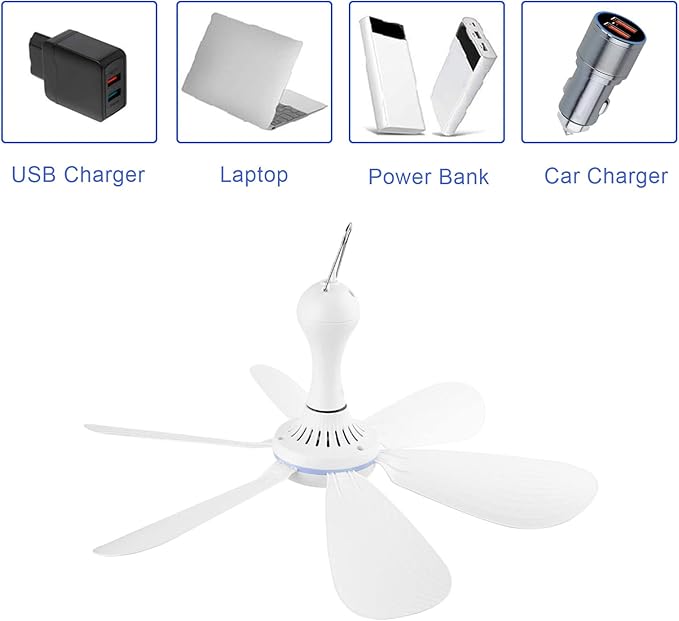 Portable Ceiling Fan USB Powered Canopy Fan with Speed Timer switch, Quiet Small DC USB Ceiling Fan Hanging Fan with 6 Blades for Camping Cruise RV Tent Gazebo Bed Dormitory Home Room