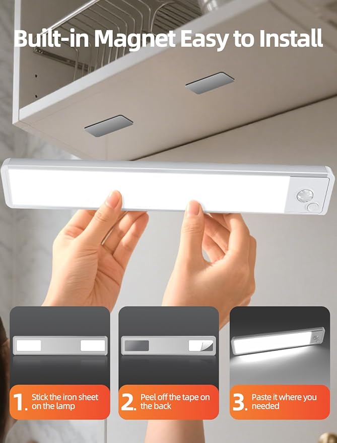 Under Cabinet Motion Sensor Lighting: 10 Inch Dimmable Rechargeable Lights Indoor - Battery Operated Lights - Undercabinet Closet Light Magnetic Led Light for Kitchen Home Bathroom Counter 3 Pack
