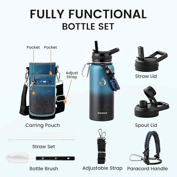 RAYMYLO Insulated Water Bottle 32 oz, Triple Wall Vacuum Stainless Steel (Cold for 24Hrs, Hot for 12Hrs), Leak Proof & Non-BPA, Modern Water Flask Jug with Paracord Handle & Straw Spout Lids