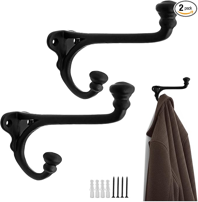Mystic Colonial Rustic Cast Iron Wall Hooks Heavy Duty Retro Utility Hooks for Hanging Coat, Bag, Towel, Robe, Hat & More Decorative Wall Mount Hooks, Pack of 2, Black