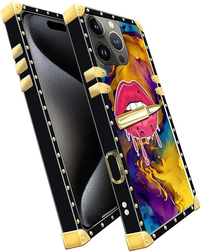 Compatible with iPhone 16 Pro Case, Cool Corlorful Lip Marble Luxury Golden Decoration for Girl Women Soft TPU Shockproof Protective Hard PC Back for iPhone 16 Pro