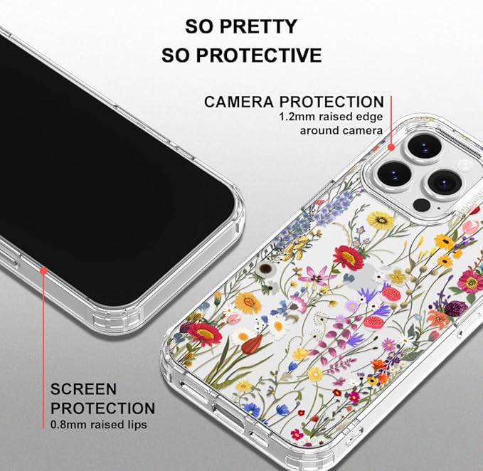 MOSNOVO Case for iPhone 16 Pro Max, [Buffertech 6.6ft Military-Grade Drop Protection] [Anti Peel Off Tech] Clear TPU Bumper Phone Case Cover Design - Wildflower Meadow