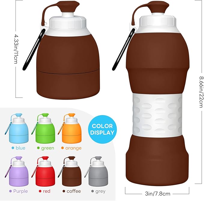 Collapsible Lightweight 20oz Water Bottle, Food-Grade Silicone BPA Free, Foldable Portable Leak Proof Office Travel Cycling Sports Outdoor Water Bottle with Vertical Hook (brown, long nozzle)