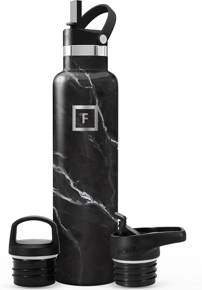 IRON °FLASK Camping & Hiking Hydration Flask with Straw, BPA-Free Insulated Stainless Steel Sports Water Bottle - 24 oz Black Marquina