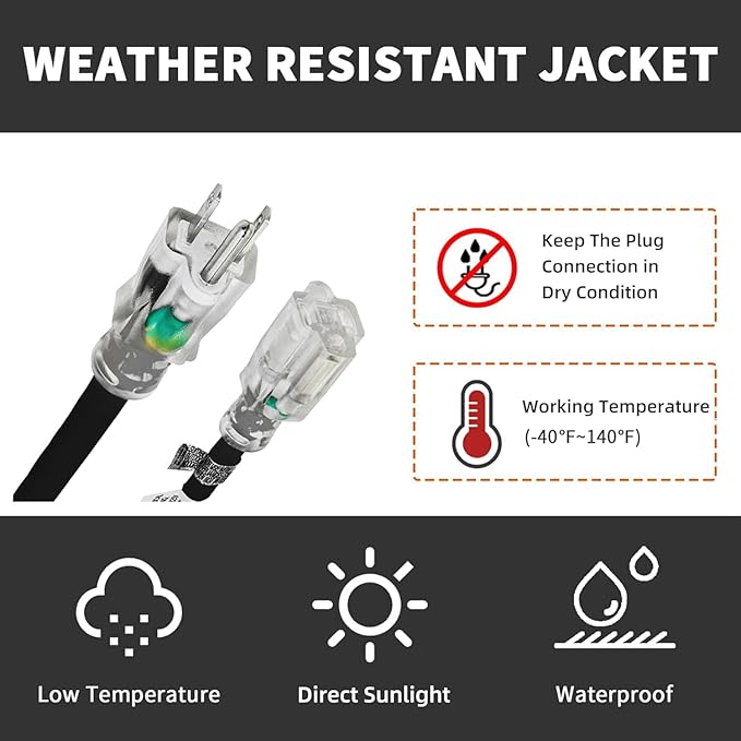 Indoor Outdoor Extension Cord Weatherproof with Lighted End, UL Certified, 14 Gauge 12FT Black 3 Prong Heavy Duty, 14/3 SJTW 15A Power Cord for Outdoor Lights, Lawn