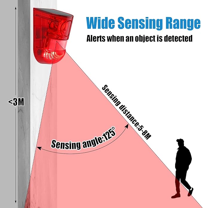 Qualirey Solar Sound and Light Alarm Motion Sensor 129db Outdoor Security Siren Waterproof Activated Detector Driveway Alarm 6 LEDs Flash Warning Deterrent Strobe System for Home, Farm(Red,12 Pack)
