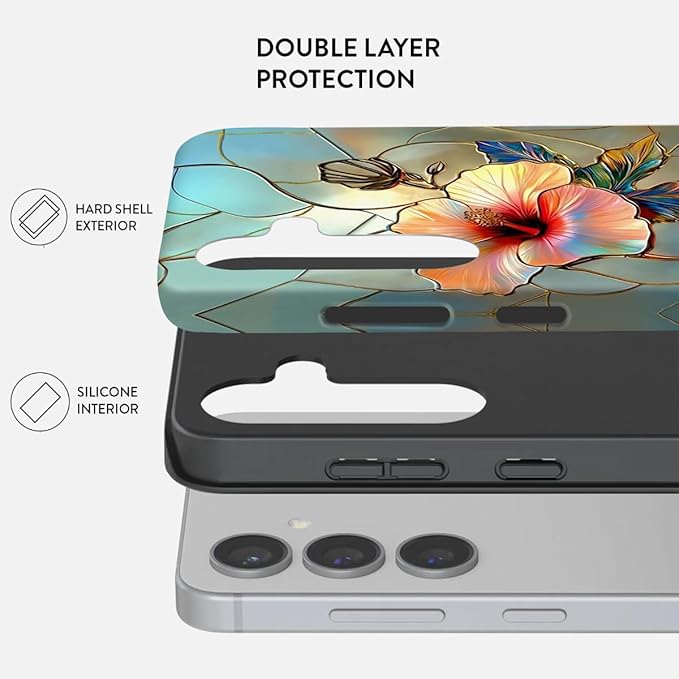 Compatible for Samsung Galaxy S26 Ultra 5G Case, Dual Layer Heavy Duty 2 in 1 Shockproof Protective Phone Case,Stained Glass Floral Hibiscus