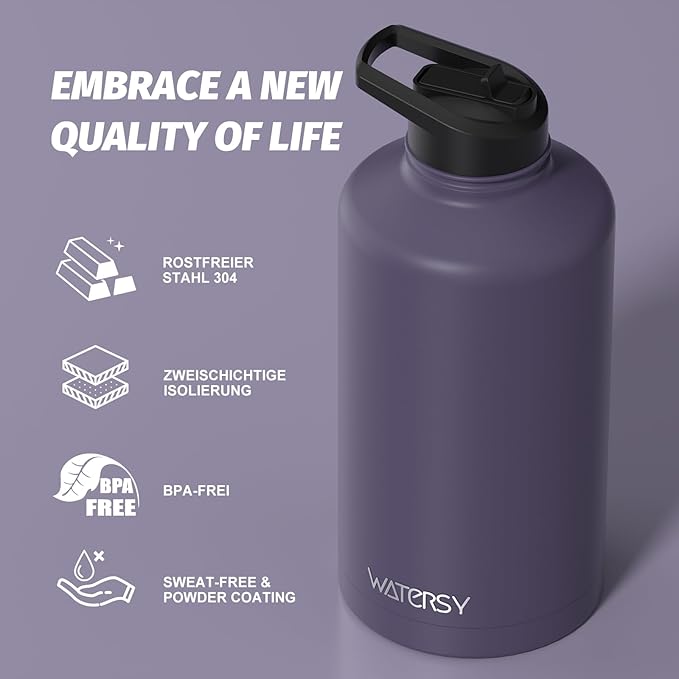 87oz Insulated Water Bottle (Cold for 48 Hrs),BPA Free&Leak Proof,1.5 Gallon Stainless Steel Water Flask,Water Jug with Straw Spout Lids for Gym,Hiking,Camping,Purple