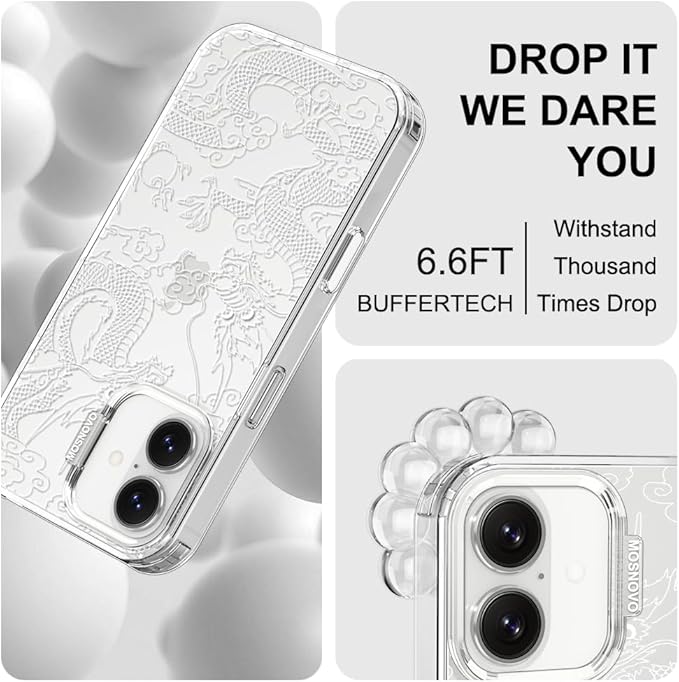 MOSNOVO for iPhone 17 Case | Military Grade 6.6ft Drop Tested | Camera Control | Clear with White Dragon Design