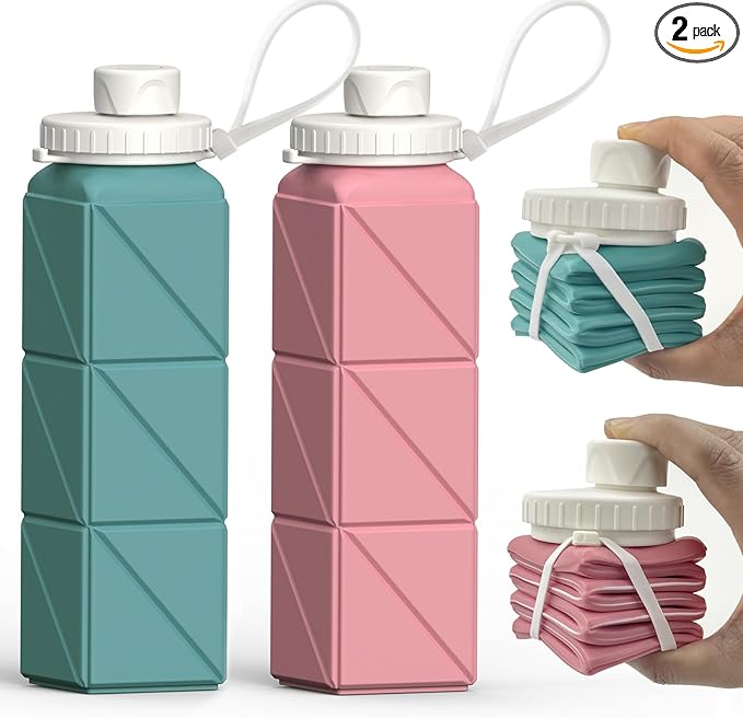 BEAUTAIL Collapsible Water Bottles 20.6oz 2 Pack, Silicone Foldable Portable Travel Water Bottle, BPA-free, Reusable Leakproof for Traveling Camping Hiking Cycling Sports Outdoor (Blue+Pink)
