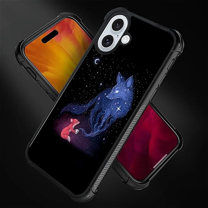 for iPhone 16 Case, Galaxy Fox Wolf Pattern Graphic Design Girl Boy Soft Silicone Hard Acrylic Shock Protection for iPhone 16