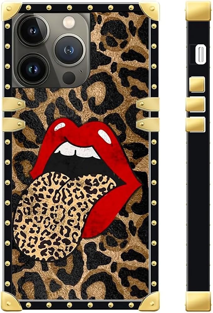 Compatible with iPhone 13 Pro Max Case, Brown Leopard Print Mouth Luxury Golden Decoration for Girl Women Soft TPU Shockproof Protective Hard PC Back for iPhone 13 Pro Max