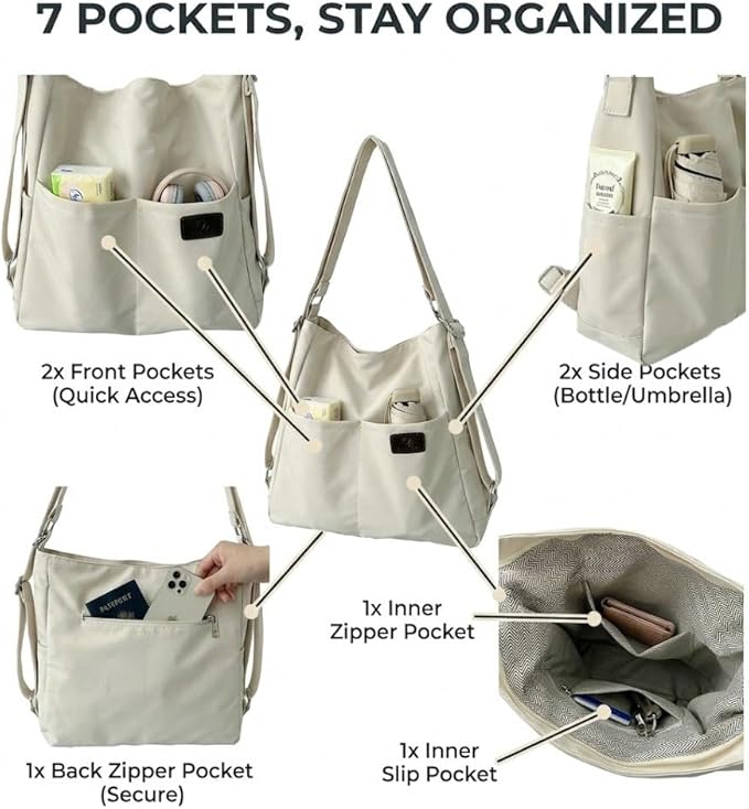 Women's Convertible Backpack Purse - Water-Resistant Nylon Travel Bag - Large Capacity 3-Way Shoulder Tote & Daypack | Convertible, Lightweight, Water-Resistant