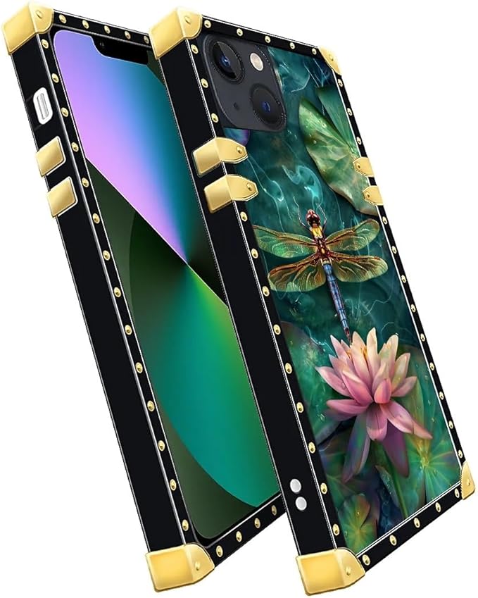 Compatible with iPhone 13 Case, Colourful Dragonfly Pink Lily Pads Luxury Golden Decoration for Girl Women Soft TPU Shockproof Protective Hard PC Back for iPhone 13
