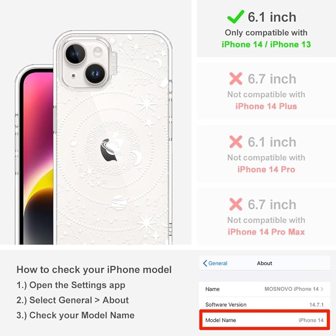 MOSNOVO for iPhone 13/14 Case | Military Grade 6.6ft Drop Tested | Clear with Galaxy Design