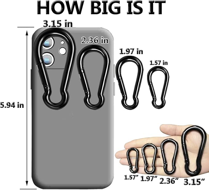 Black Carabiner Clip, Heavy Duty Spring Snap Hook Quick Link for Outdoor Camping, Hiking, Fishing, Swing Set, Hammock, Keychain