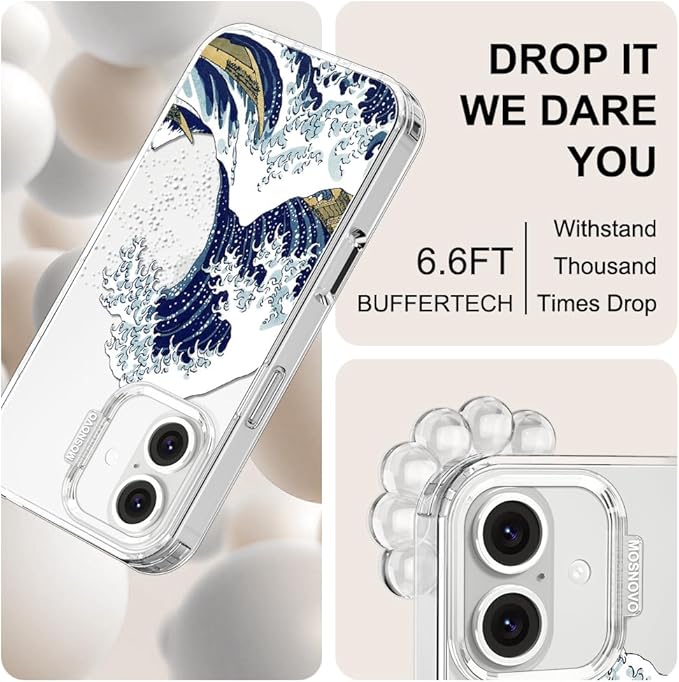 MOSNOVO Case for iPhone 16, [Buffertech 6.6ft Military-Grade Drop Protection] [Anti Peel Off Tech] Clear TPU Bumper Phone Case Cover Design - Great Wave