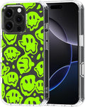 MOSNOVO Case for iPhone 16 Pro, [Buffertech 6.6ft Military-Grade Drop Protection] [Anti Peel Off Tech] Clear TPU Bumper Phone Case Cover Design - Distorted Green Smiles Face