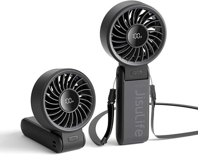 JISULIFE Handheld Fan Life7 – Ultimate Flexibility: Wide & Strong Airflow, 13H Max Cooling, 3600mAh Rechargeable, 5-Speed, LED Display, 3 IN 1 Portable Fan for Travel, Concerts, Sports Events(Black)
