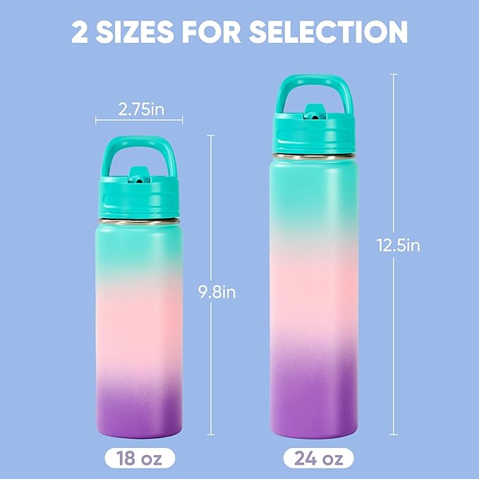 Fijinhom 24oz Insulated Stainless Steel Water Bottle with Straws, Double Wall Vacuum Insulated Bottles, Metal Thermo for Travel, Sports, Leak-Proof, BPA Free, Women & Men, Color Gradient