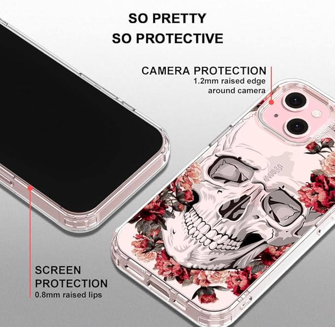 MOSNOVO Case for iPhone 15 Plus/iPhone 14 Plus, [Buffertech 6.6ft Military-Grade Drop Protection] [Anti Peel Off Tech] Clear TPU Bumper Phone Case Cover Design - Red Flower Skull