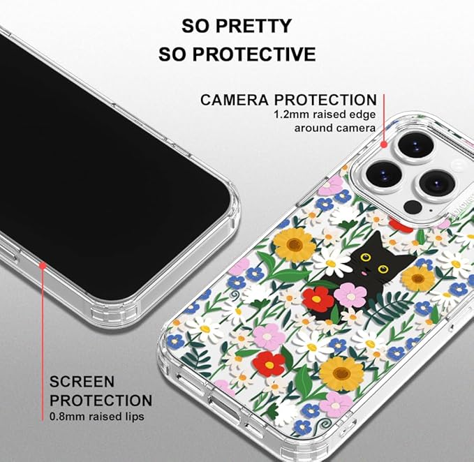 MOSNOVO Case for iPhone 14 Pro, [Buffertech 6.6ft Military-Grade Drop Protection] [Anti Peel Off Tech] Clear TPU Bumper Phone Case Cover Design - Black Cat in Garden